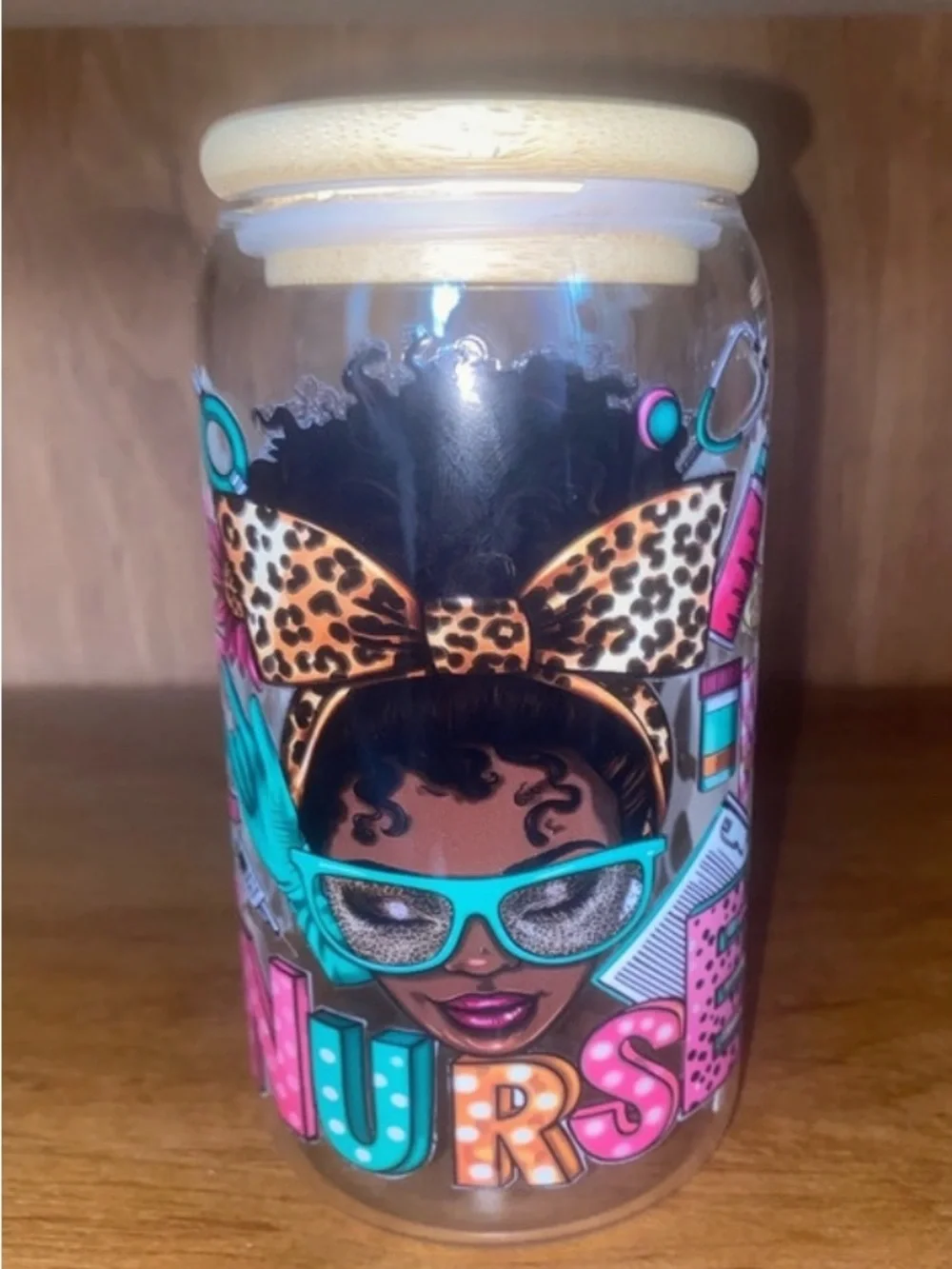 Decorative Teal & Pink Hair Care Jar with Leopard Bow Graphic